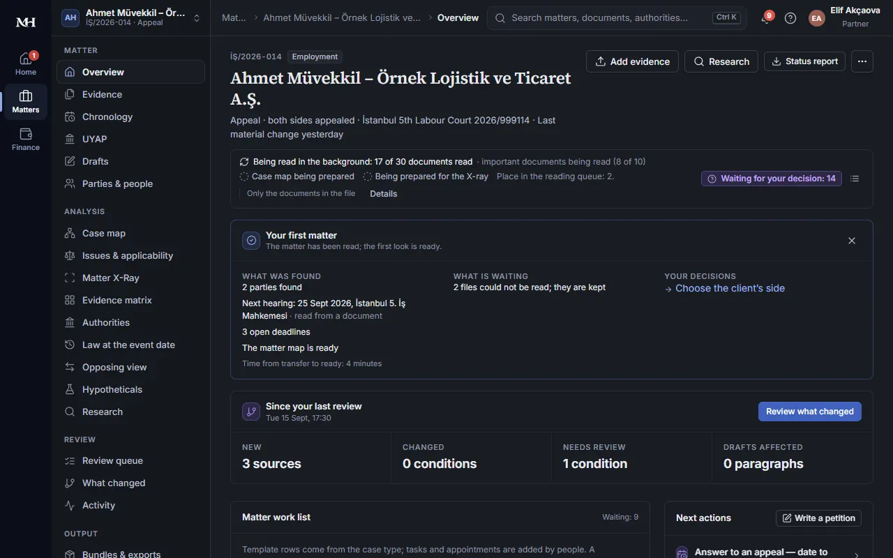 Matter overview: documents, deadlines and analysis links on one screen