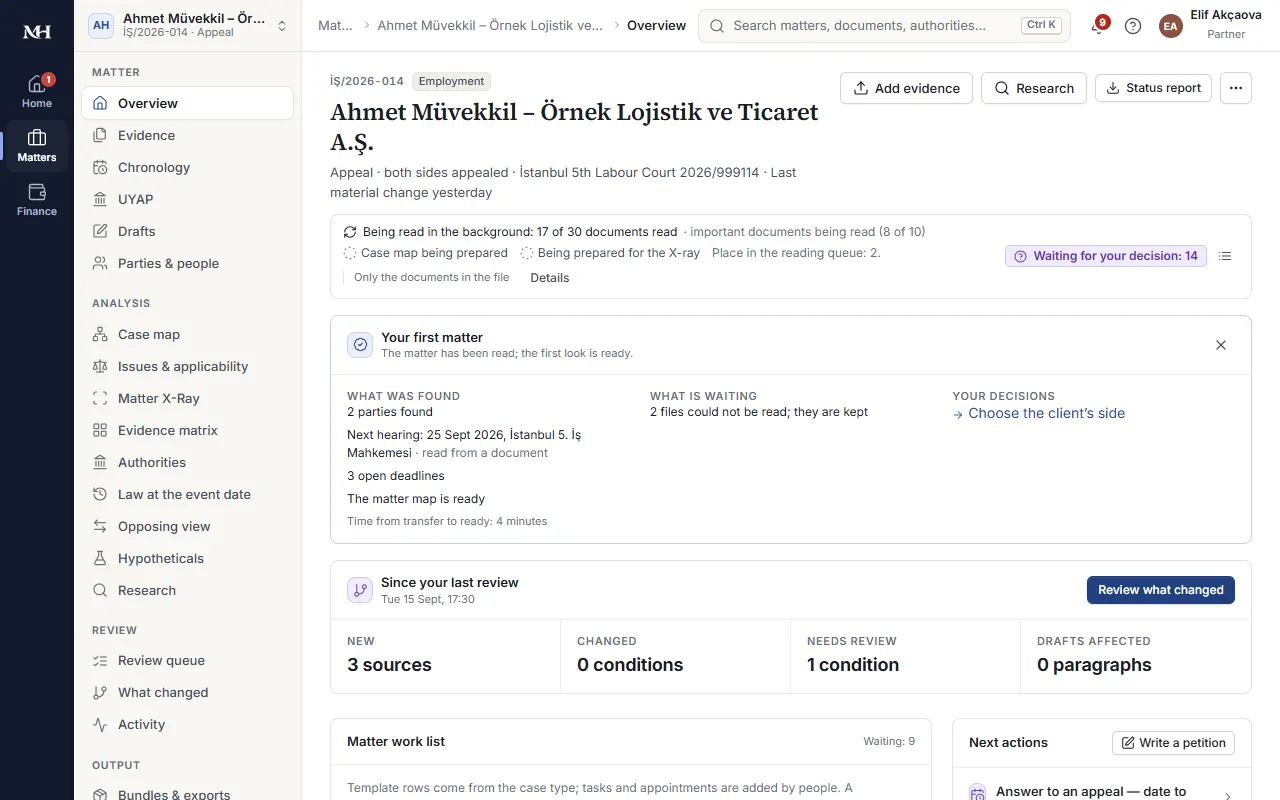 Matter overview: documents, deadlines and analysis links on one screen